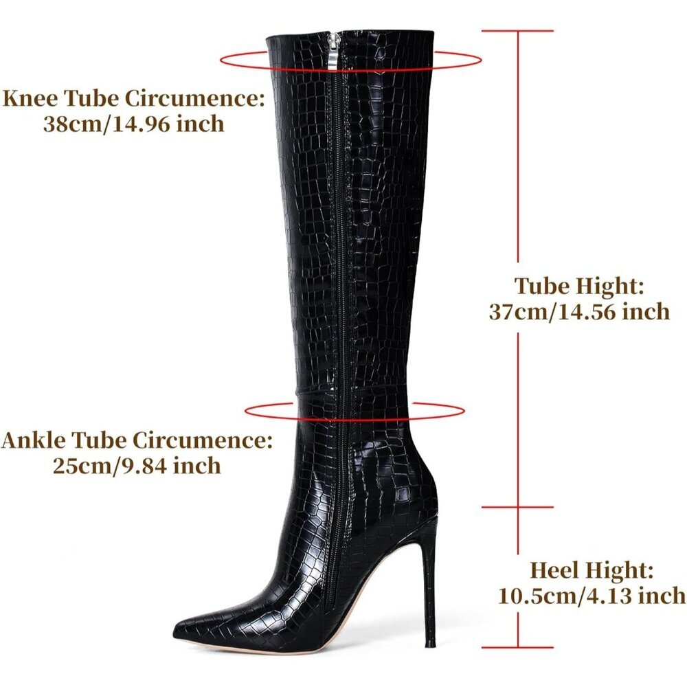 Women's Black Leather Suede Knee High Stiletto Tall Pointed Toe Stylish Boot - Picture 5 of 6